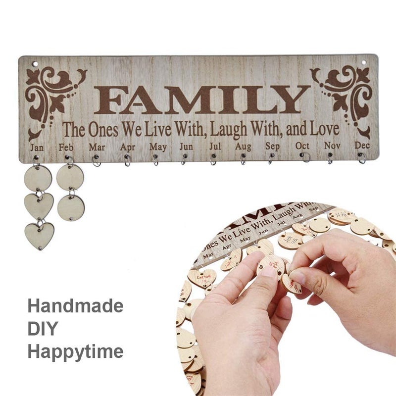 OYEFLY Wooden Family Birthday Reminder Calendar Board Decorative Birthday Tracker Plaque Wall Hanging with 100 Wood Tags and Holes/Family Sayings Pattern - Image 4